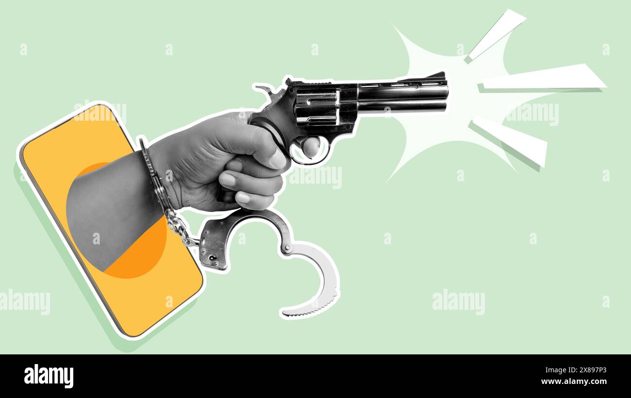 A human hand with handcuffs holding a gun through the mobile phone screen with a colored background. Collage art Stock Photo