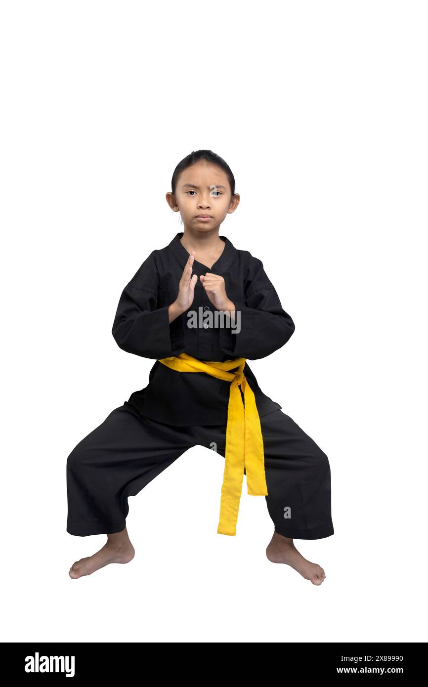 Focused young child demonstrates a karate stance, wearing a black gi with a yellow belt, symbolizing an intermediate level, isolated on a white backgr Stock Photo
