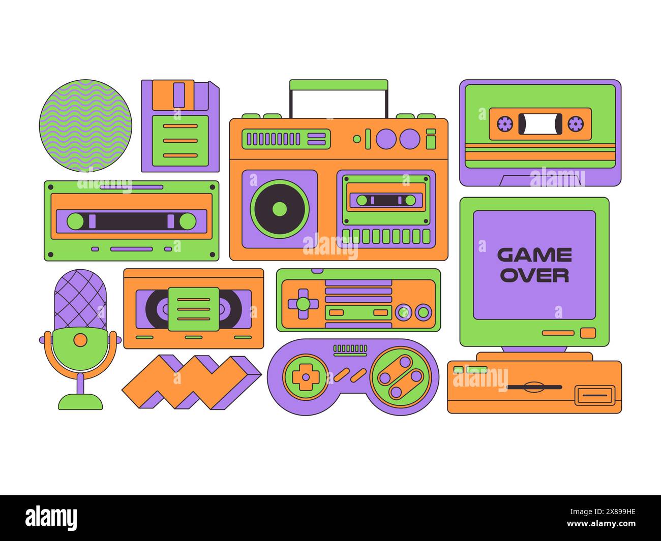 set retro 90s electronic radio tape recorder microphone games switch and vintage computer device Stock Vector