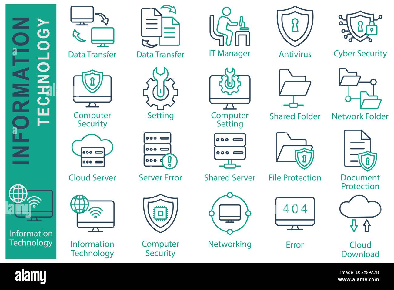 Information technology icon set. data transfer, cyber security, computer setting and more. line icon style. technology element vector illustration Stock Vector