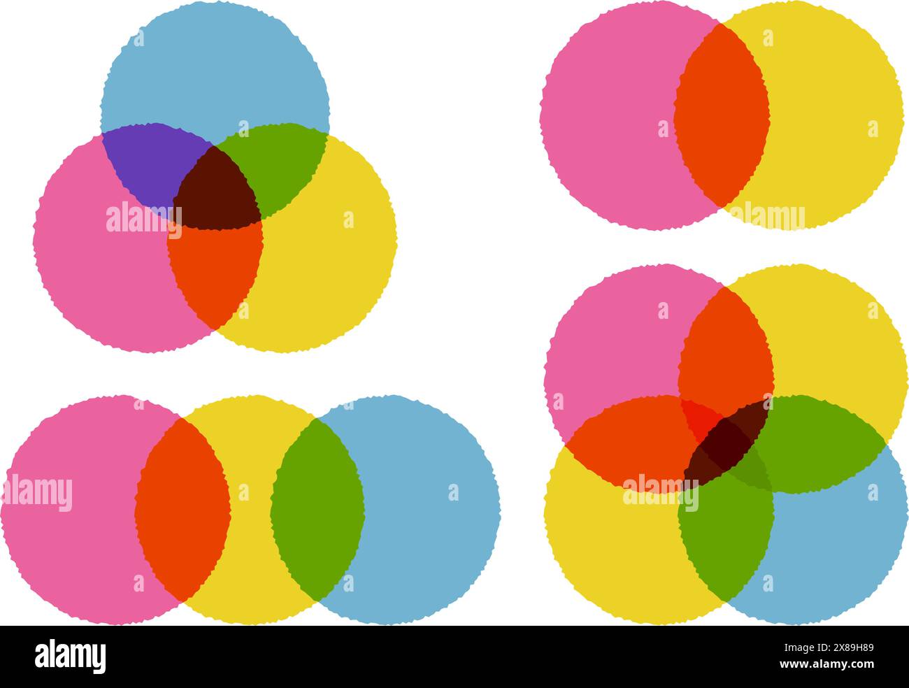 Venn diagrams. Circle intersection for infographic. 2, 3 and four graph template. Vector graphic design for business. Risograph maths objects Stock Vector