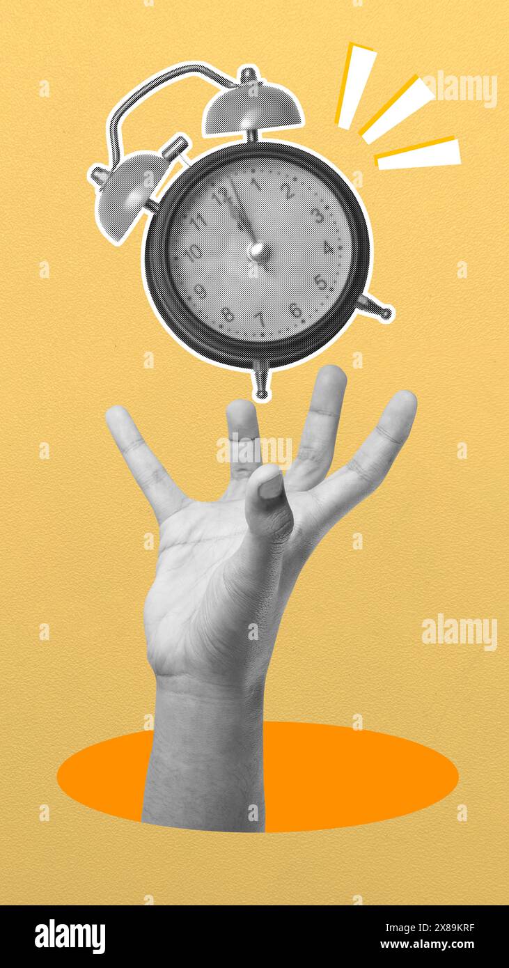 A human hand showing an alarm clock on a colored background. Collage ...