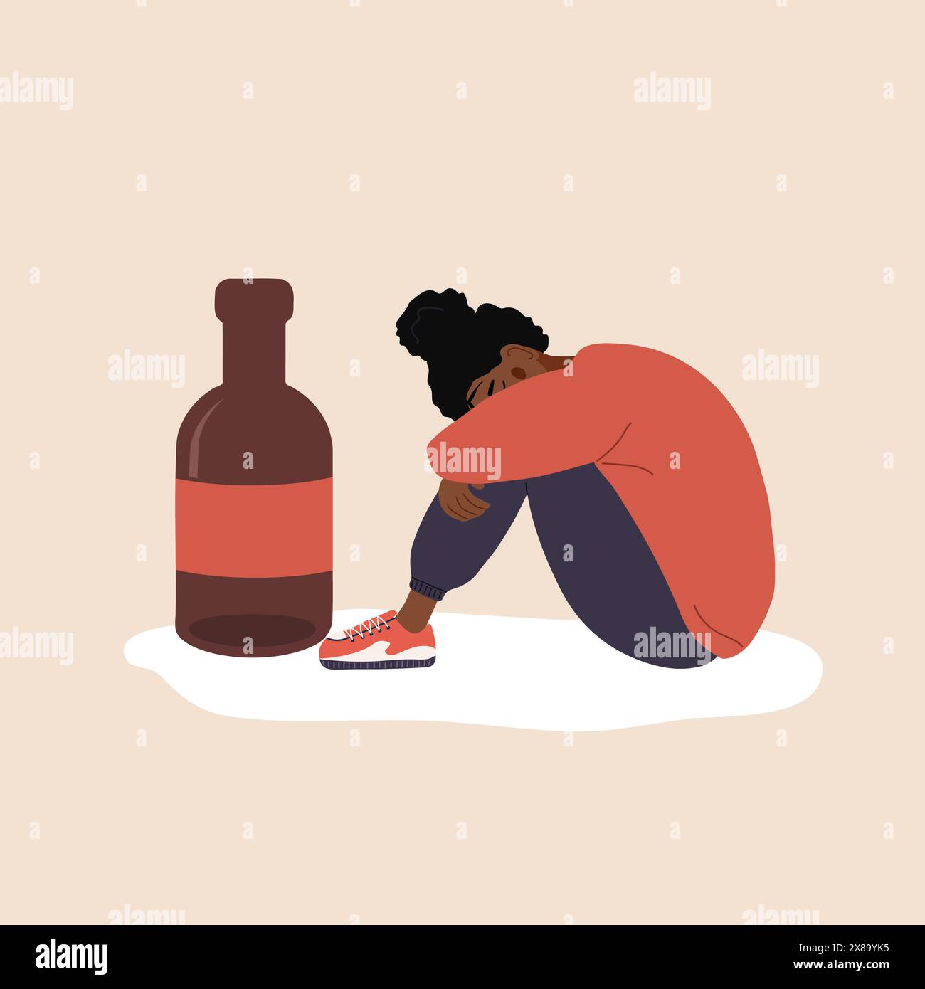 Dipsomania concept. Depressed african woman sitting on floor and