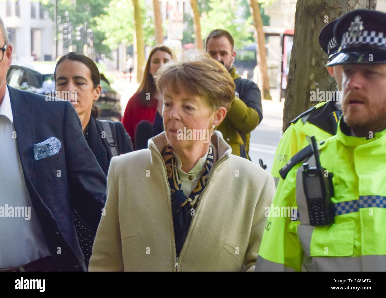 London, UK. 24th May 2024. Former Post Office CEO Paula Vennells arrives at Aldwych House with a police escort on the third day as the Post Office Horizon IT Inquiry continues. Credit: Vuk Valcic/Alamy Live News Stock Photo