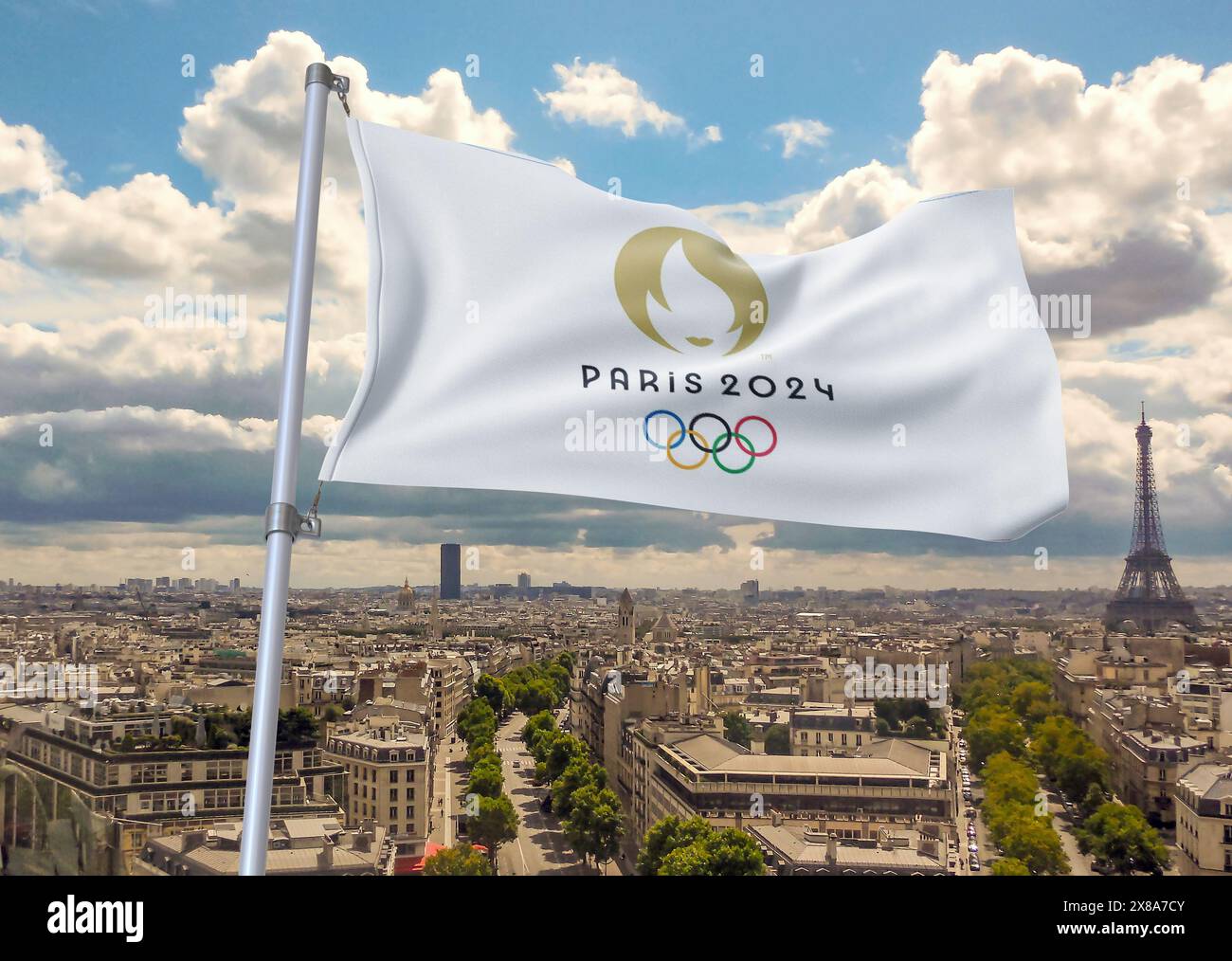 The Olympic Rings at the Louvre Pyramid on the fourteenth day of the