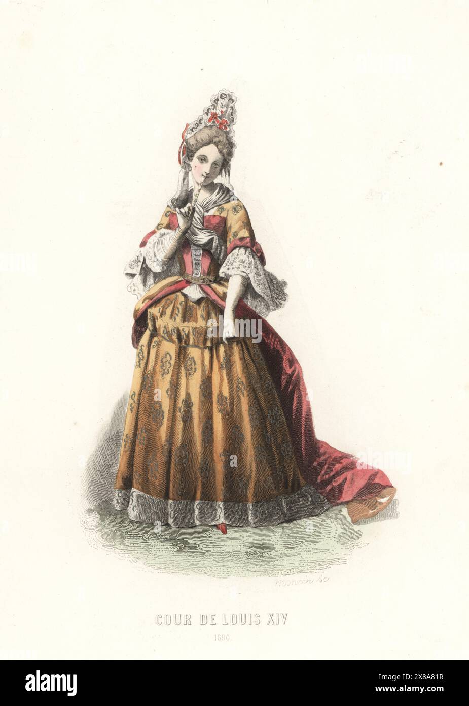 Noblewoman at the court of King Louis XIV. In tall lace headdress, beauty spot, full gown and skirts decorated with lace. Cour de Louis XIV, 1690. Handcoloured steel engraving by Antoine Monnin after an illustration by Francois Claudius Compte-Calix from Album Keepsake des Costumes de la cour Francaise depuis Charles VII jusqu’a Louis XVI, Keepsake Album of French Court Costumes from Charles VII to Louis XVI, Modes Parisiennes, Paris, 1854. Stock Photo