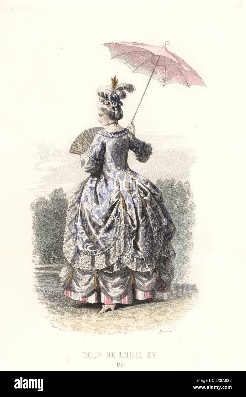 Noblewoman at the court of King Louis XIV of France. In tall hairdo with plumes, multi-layer gown with frills and ruches, holding a parasol and fan. Cour de Louis XV, 1715. Handcoloured steel engraving by Gabriel Xavier Montaut after an illustration by Francois Claudius Compte-Calix from Album Keepsake des Costumes de la cour Francaise depuis Charles VII jusqu’a Louis XVI, Keepsake Album of French Court Costumes from Charles VII to Louis XVI, Modes Parisiennes, Paris, 1854. Stock Photo