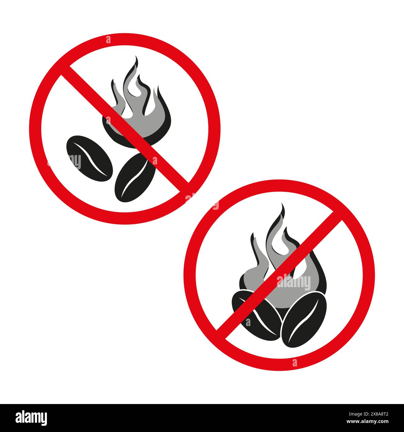 No coffee roasting allowed signs. Roasted beans prohibition symbols. No fresh brew indication