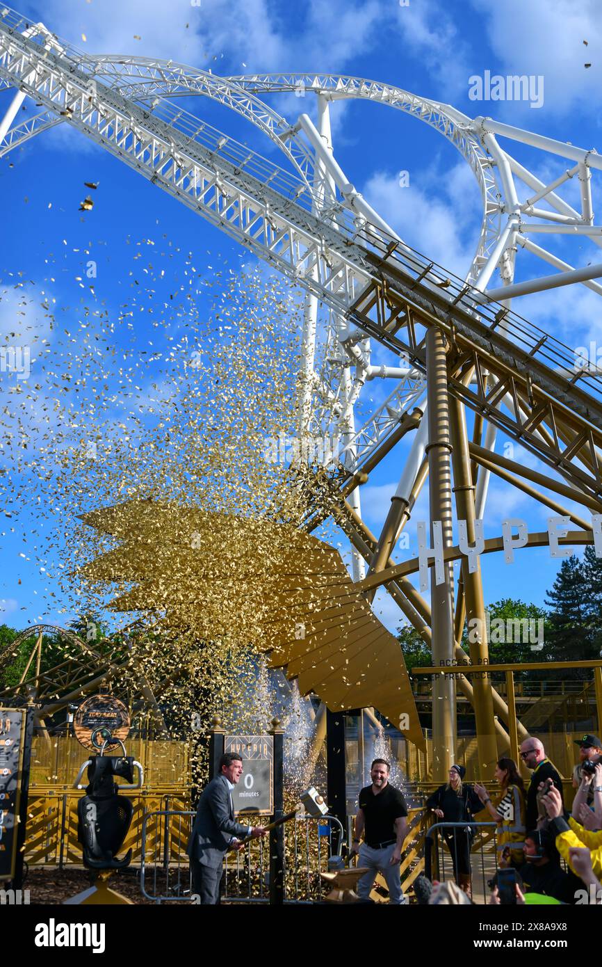 Chertsey, UK. 23rd May, 2024. VIP riders try Hyperia, the new £18 million rollercoaster at Thorpe Park, including fireworks and a plane fly-by. Credit: Thomas Faull/Alamy Live News Stock Photo