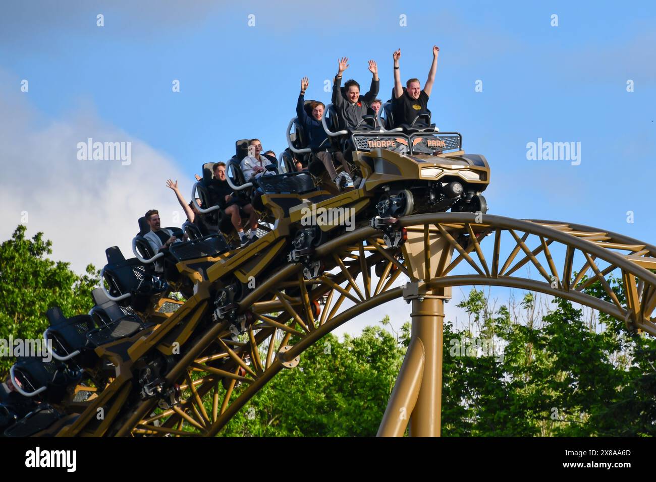 Chertsey, UK. 23rd May, 2024. VIP riders try Hyperia, the new £18 million rollercoaster at Thorpe Park, including fireworks and a plane fly-by. Credit: Thomas Faull/Alamy Live News Stock Photo