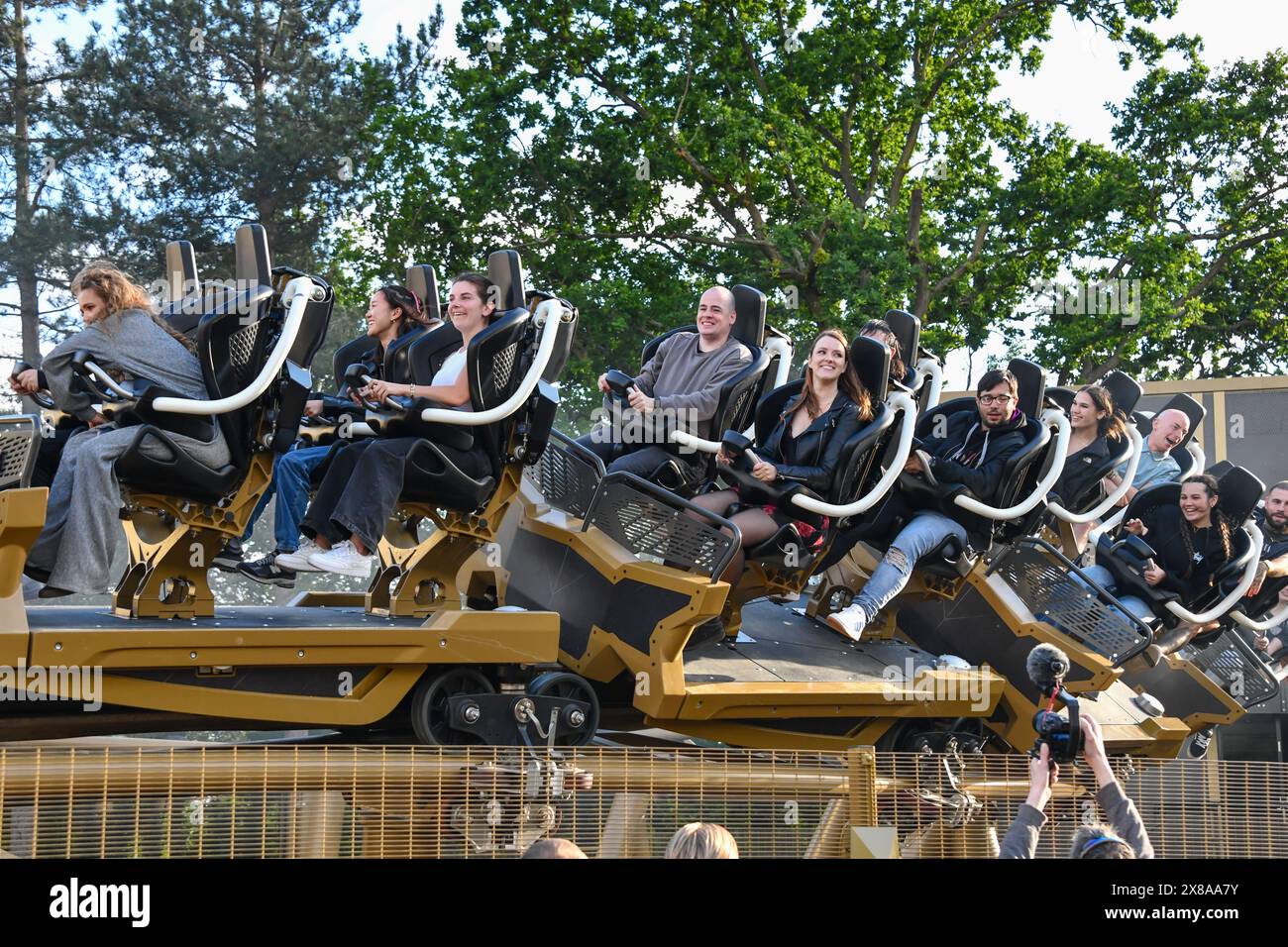 Chertsey, UK. 23rd May, 2024. VIP riders try Hyperia, the new £18 million rollercoaster at Thorpe Park, including fireworks and a plane fly-by. Credit: Thomas Faull/Alamy Live News Stock Photo