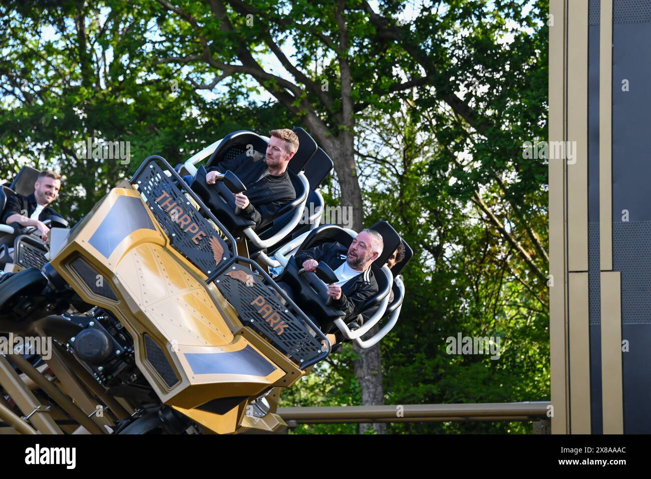 Chertsey, UK. 23rd May, 2024. VIP riders try Hyperia, the new £18 million rollercoaster at Thorpe Park, including fireworks and a plane fly-by. Credit: Thomas Faull/Alamy Live News Stock Photo