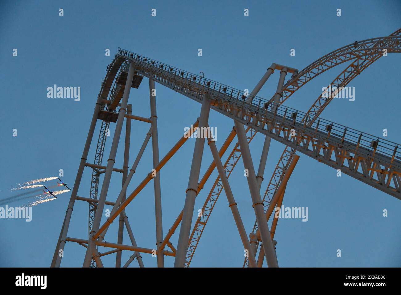 Chertsey, UK. 23rd May, 2024. VIP riders try Hyperia, the new £18 million rollercoaster at Thorpe Park, including fireworks and a plane fly-by. Credit: Thomas Faull/Alamy Live News Stock Photo