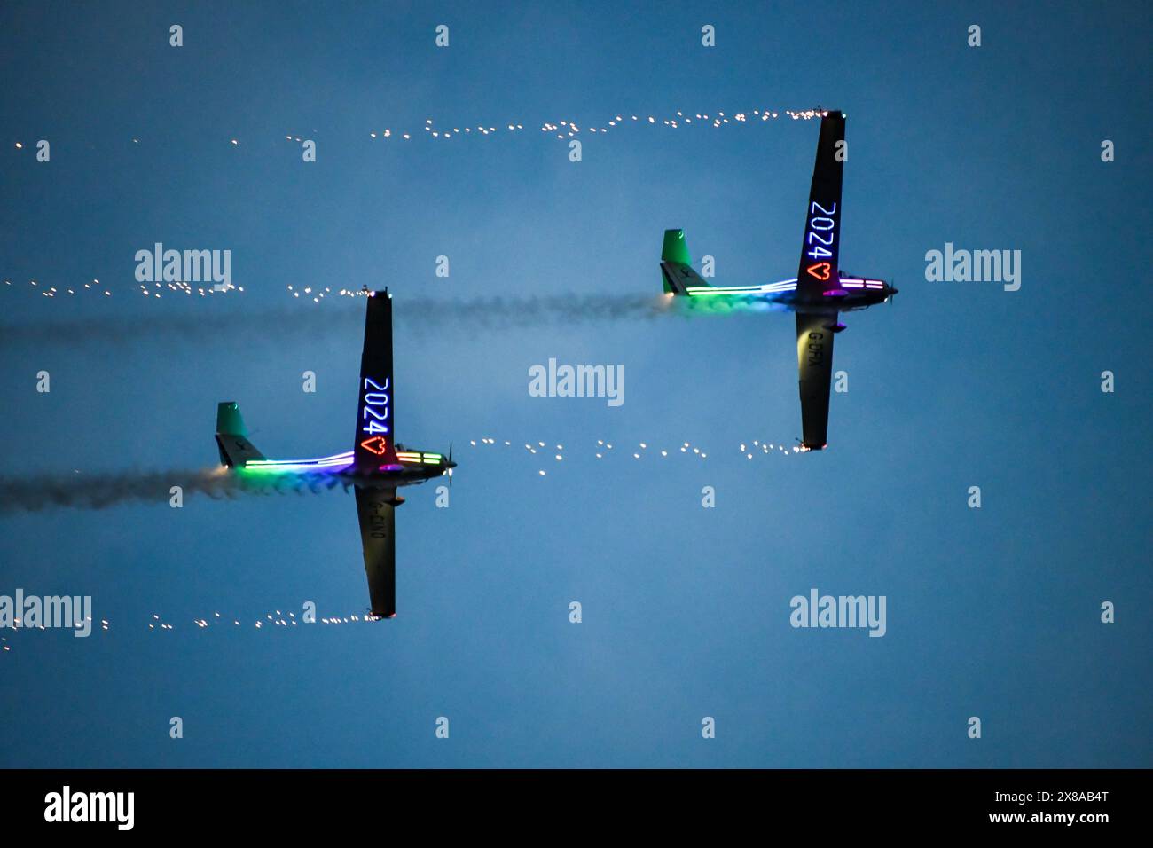 Chertsey, UK. 23rd May, 2024. VIP riders try Hyperia, the new £18 million rollercoaster at Thorpe Park, including fireworks and a plane fly-by. Credit: Thomas Faull/Alamy Live News Stock Photo