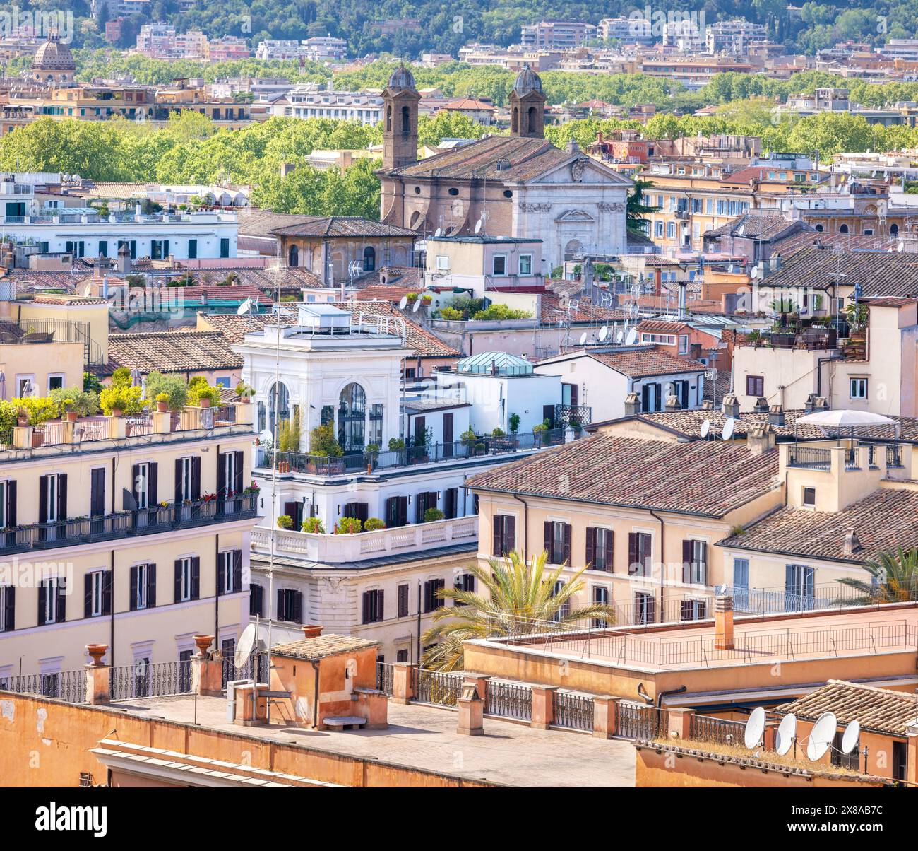 Panoramic view of Rome rooftops and San Giacomo in Augusta church ...