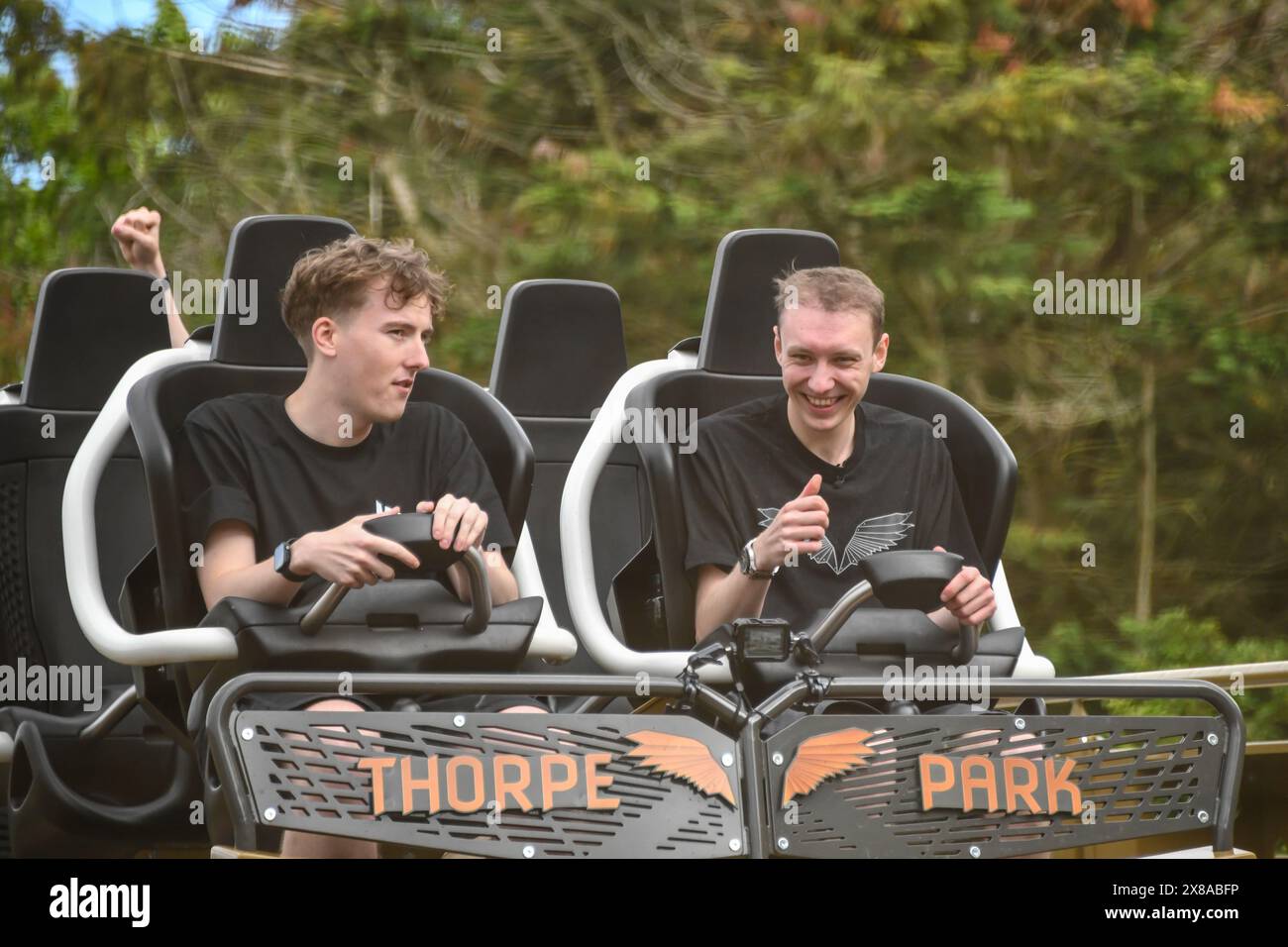 Chertsey, UK. 23rd May, 2024. VIP riders try Hyperia, the new £18 million rollercoaster at Thorpe Park, including fireworks and a plane fly-by. Credit: Thomas Faull/Alamy Live News Stock Photo