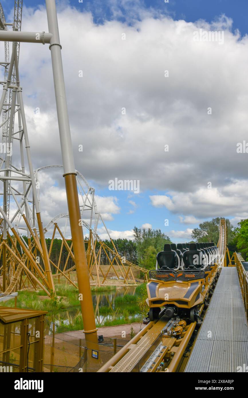 Chertsey, UK. 23rd May, 2024. VIP riders try Hyperia, the new £18 million rollercoaster at Thorpe Park, including fireworks and a plane fly-by. Credit: Thomas Faull/Alamy Live News Stock Photo