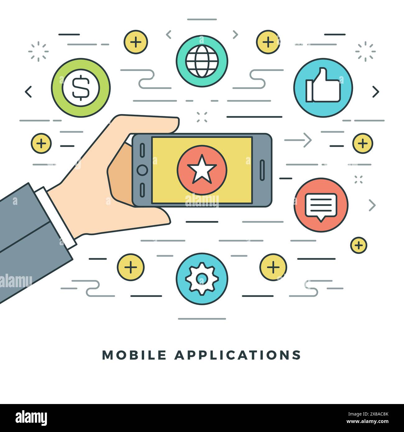 Flat line Mobile Applications Concept Vector illustration. Modern thin ...