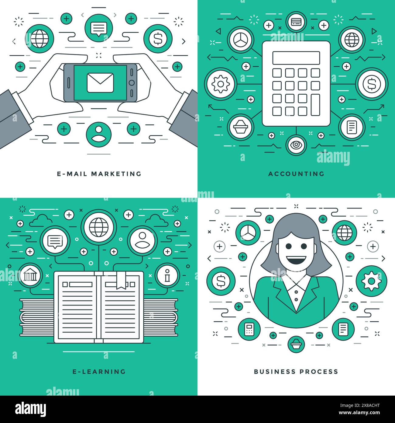 Flat line Accounting, E-learning, E-mail Marketing, Business Process Concepts Set Vector illustrations. Modern thin linear stroke vector icons. Websit Stock Vector