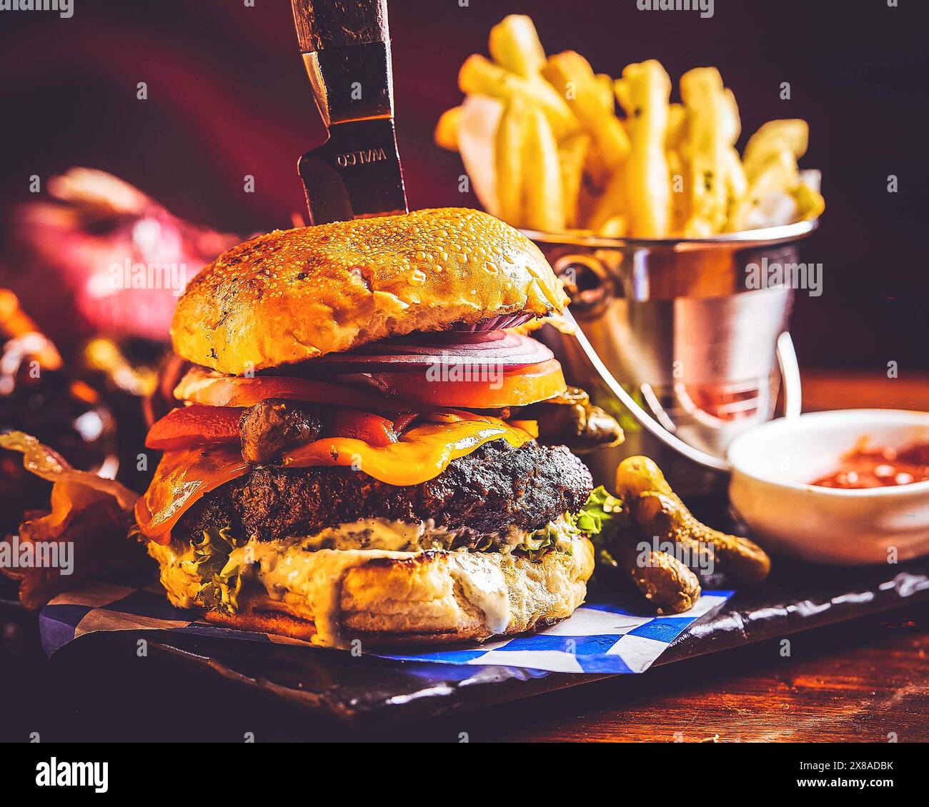 delicious beef burgers with bacon, cheese and fries Stock Photo - Alamy