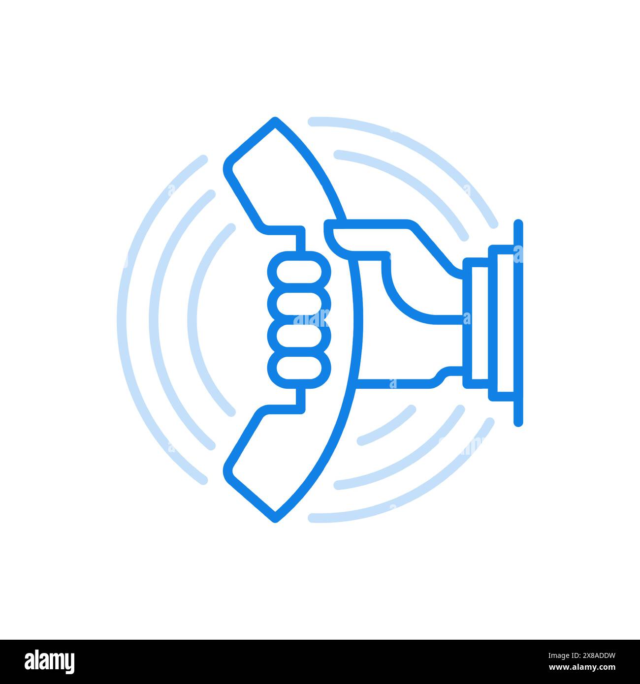 Hand holds out telephone receiver line vector icon. Calling subscriber ...