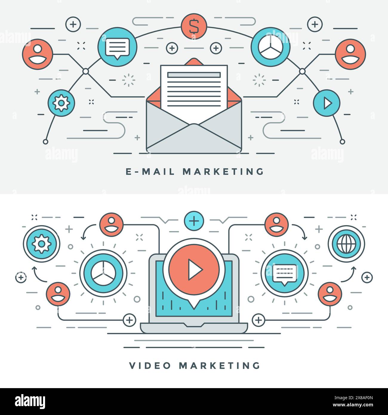 Flat line E-mail and Video Marketing Concept Vector illustration ...