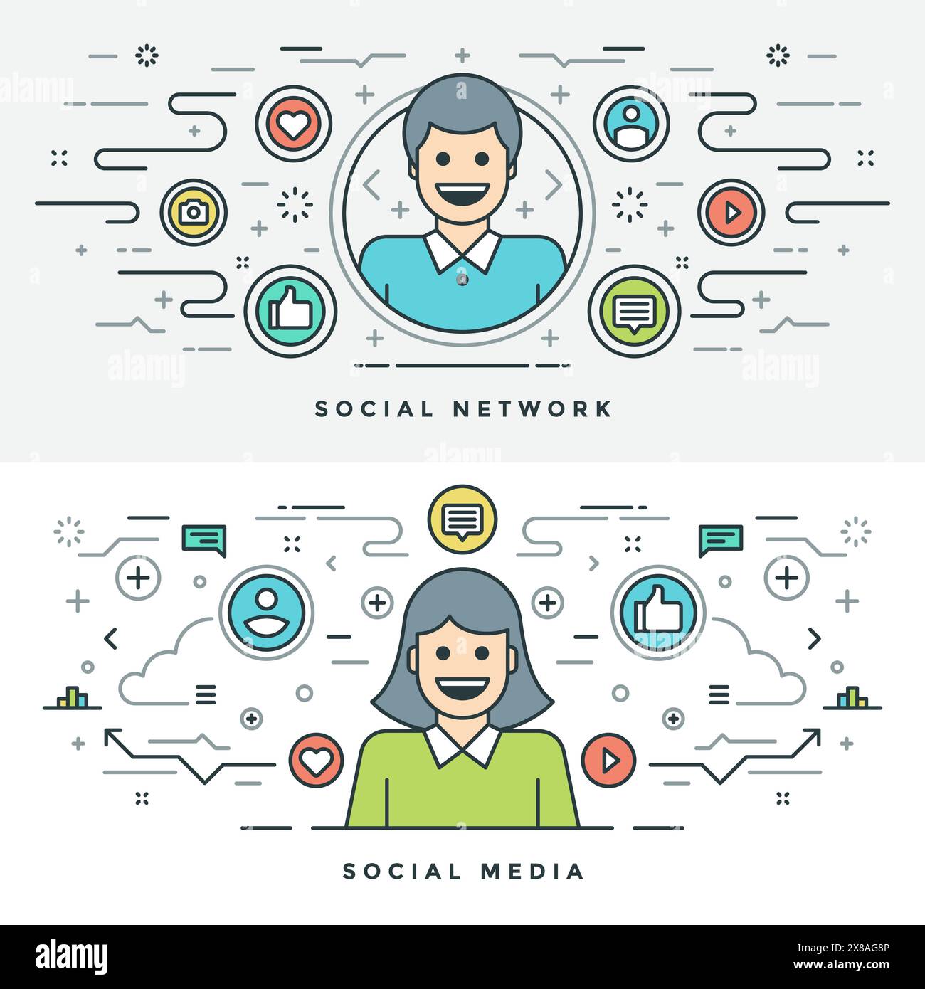 Flat line Social Media and Network Concept Vector illustration. Modern ...