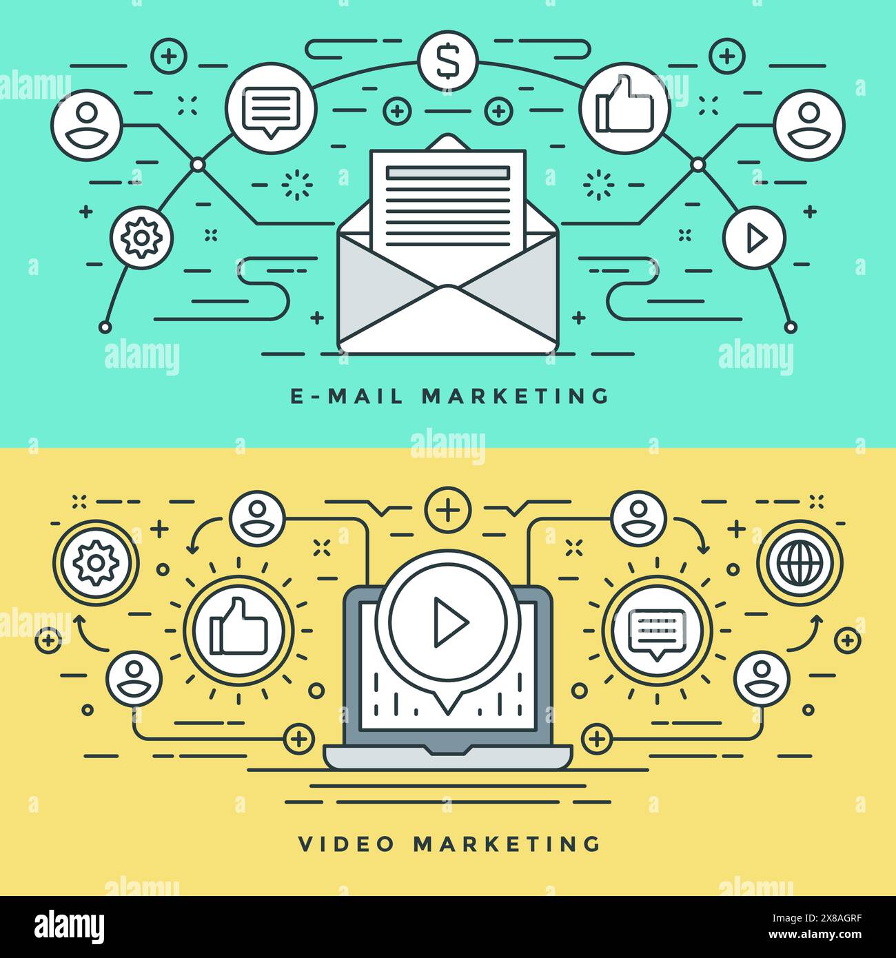 Flat line E-mail and Video Marketing Concept Vector illustration ...