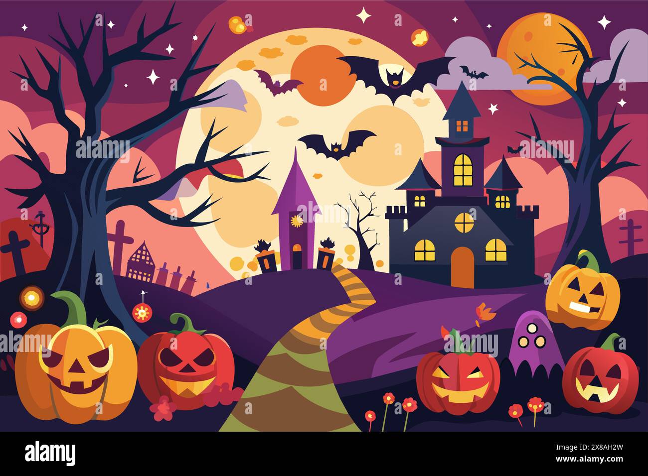 Spooky haunted house with bats and pumpkins on Halloween night. Creepy ...