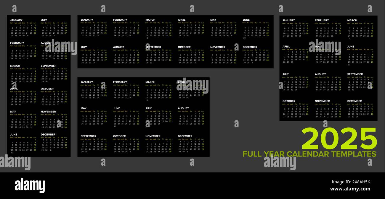 Four different black layouts of full 2025 calendar templates ready to