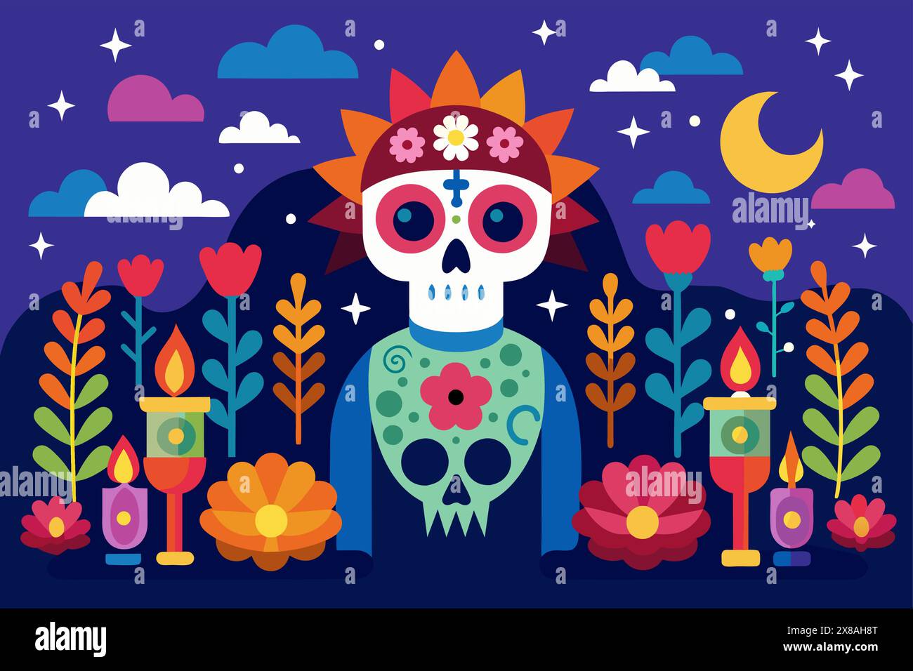 Skeleton with Day of the Dead makeup in floral setting. Figure with