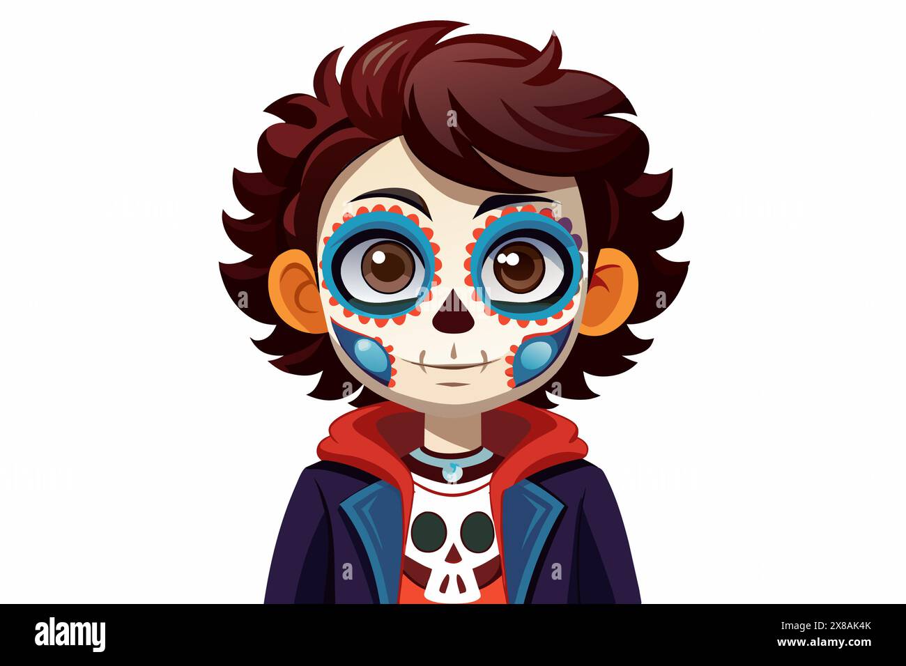 Boy with Day of the Dead makeup. Child with sugar skull face paint. Isolated on white backdrop. Concept of Dia de los Muertos, Mexican cultural tradit Stock Vector