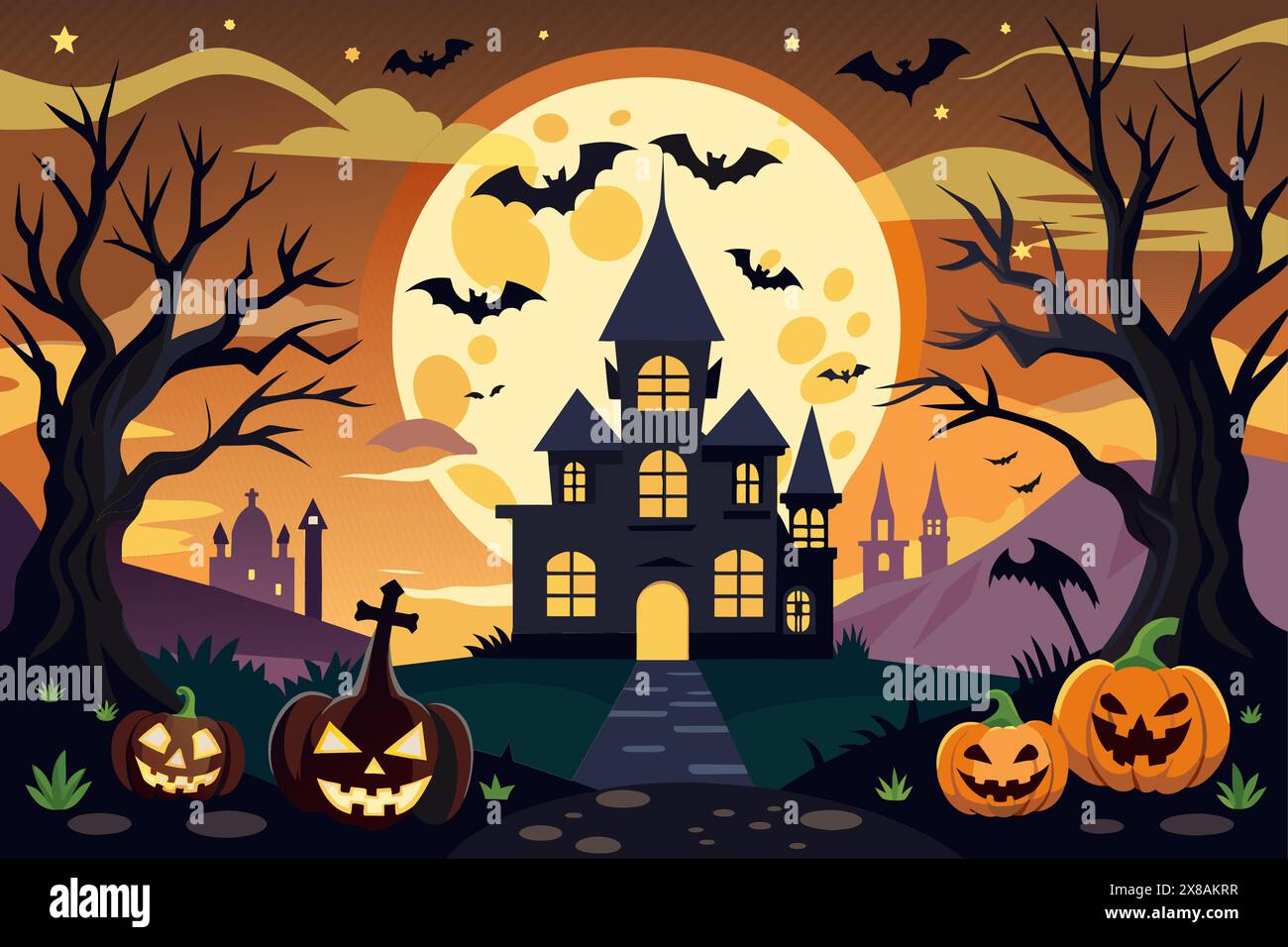 Spooky haunted house with bats and pumpkins on Halloween night. Creepy ...