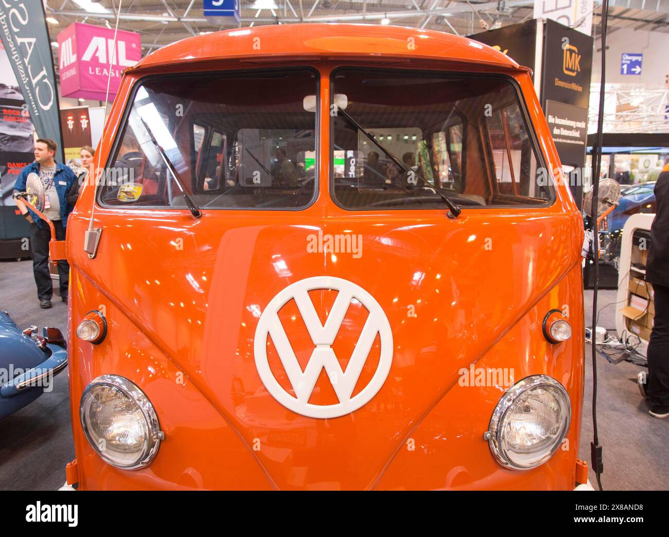 A Volkswagen bus with the typical split windscreen. Techno Classica is the trade fair for vintage, classic and prestige cars, motorsport, motorbikes, Stock Photo