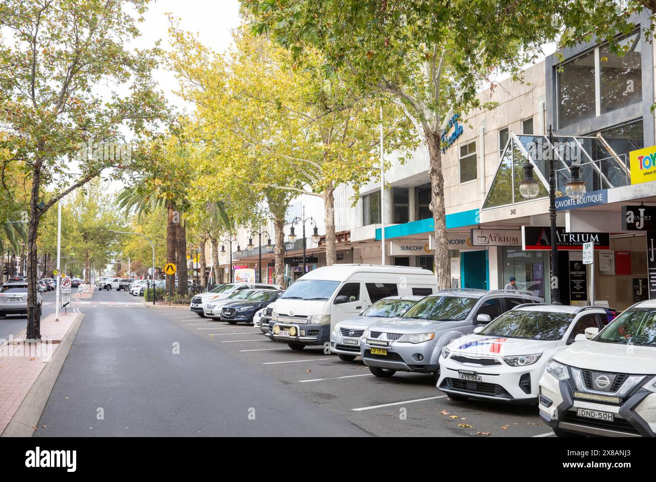 Tamworth city centre, shops and stores with parked cars along Peel street,New South Wales,Australia,2024 Stock Photo