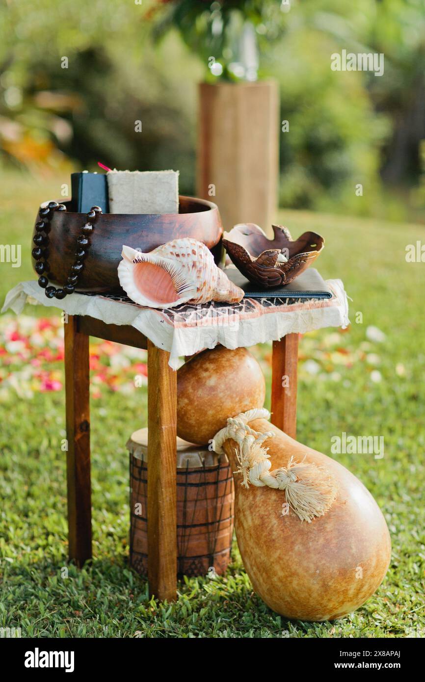 Hawaiian Wedding Ceremony Traditional Display with shell and lei Stock Photo