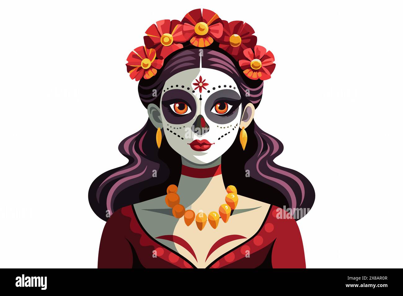 Woman with Day of the Dead makeup and flowers. Female with sugar skull face paint. Isolated on white. Concept of Dia de los Muertos, cultural traditio Stock Vector