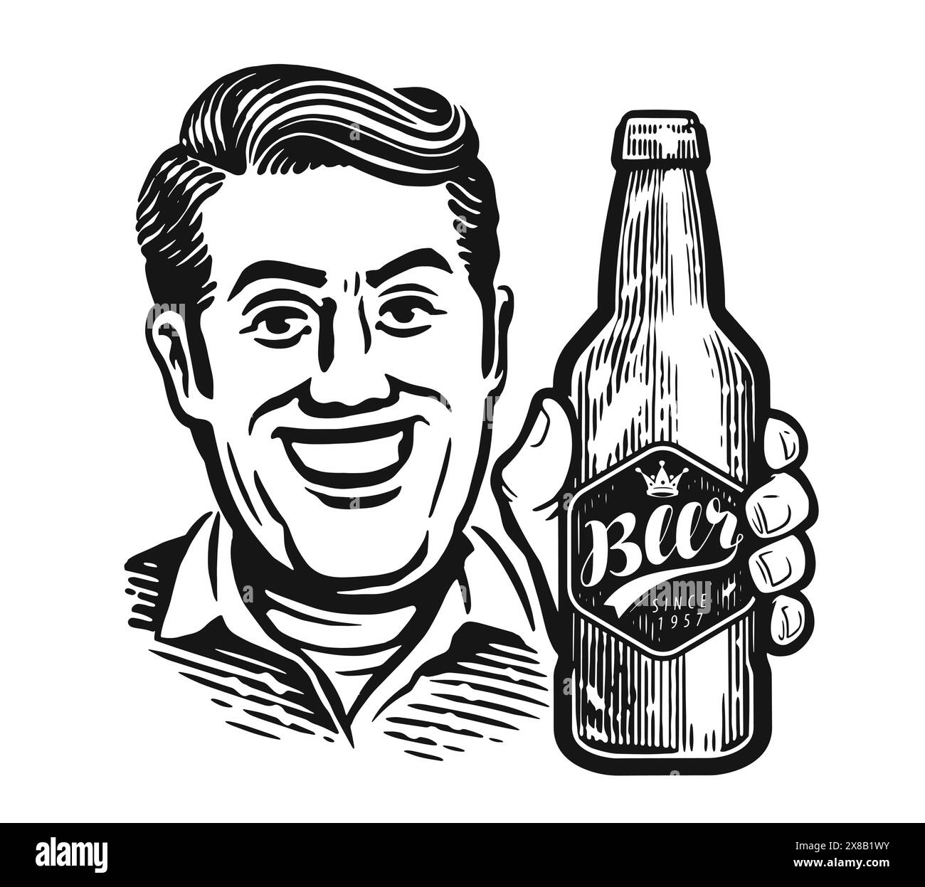 Happy smiling man holding bottle in his hand. Sketch drawing for pub or