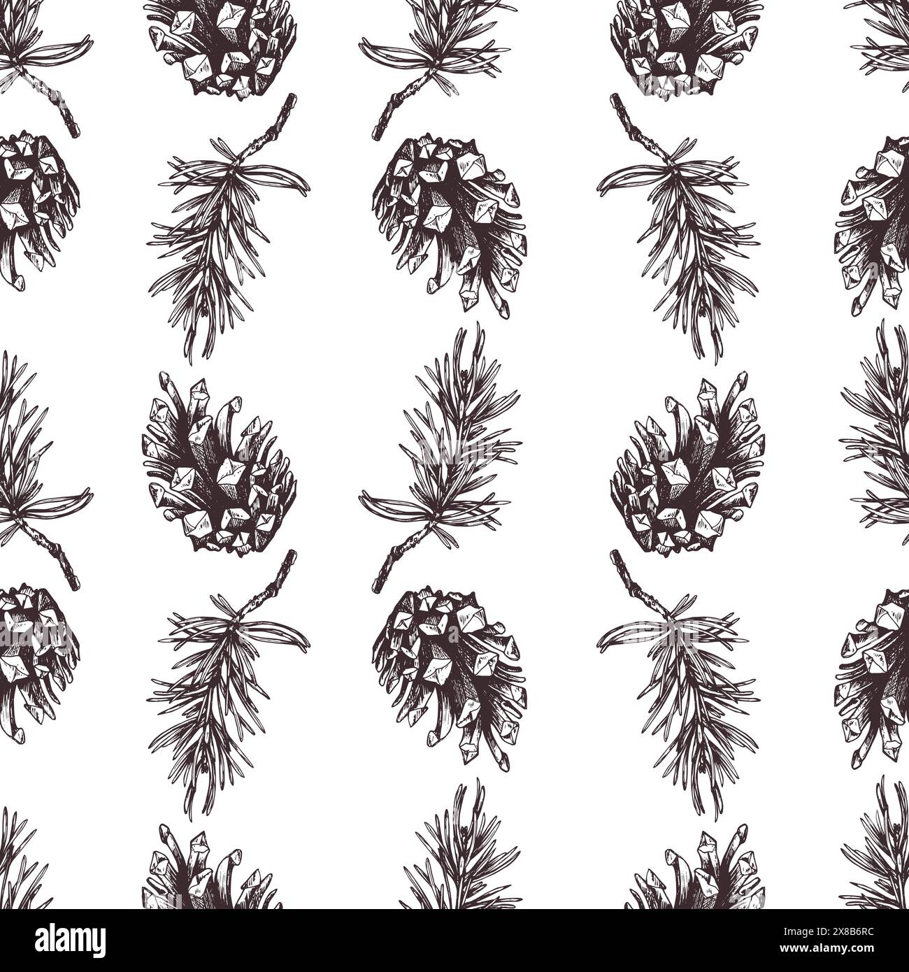 Pine Branches And Cones 2025 Graphic Illustration Hand Drawn With Pine Branches And Cones 2025 Graphic Illustration Hand Drawn With Brown Ink Line Art Monochrome Seamless Pattern Simple On The Theme Of Forest 2X8B6RC