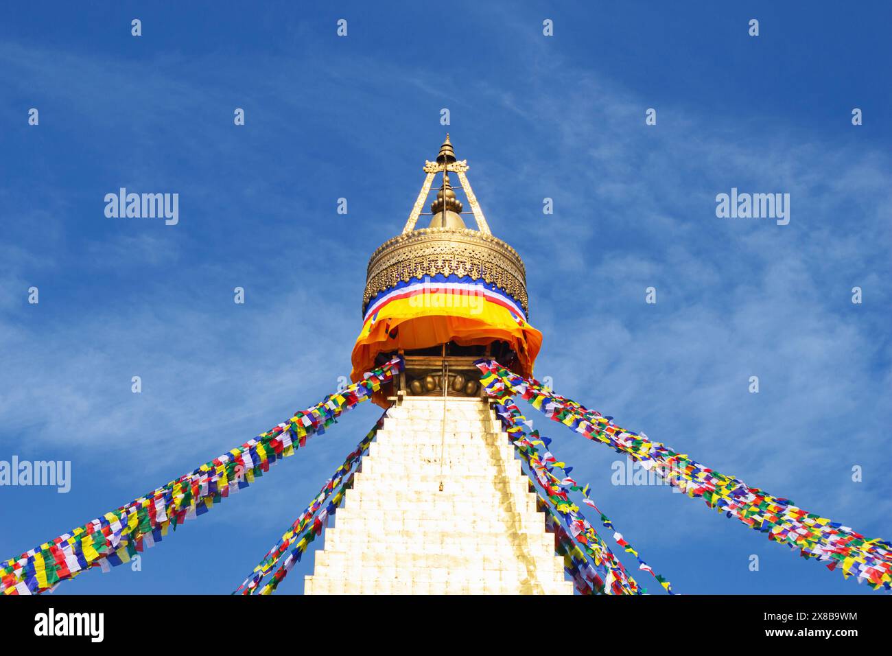 Top view of Boudhanath Stupa, Great Stupa, it was Built in AD 600, when Tibetan king, Songtsen Gampo, converted to Buddhism, Kathmandu, Nepal. Stock Photo