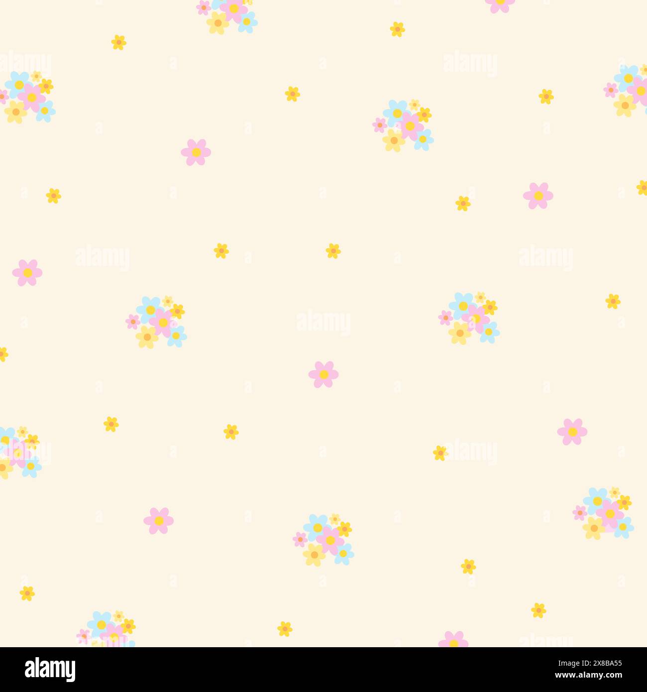 Illustration of flowers on a creamy background for floral print, girly pattern, kid clothes, gift wrap, packaging, fabric, wallpaper, backdrop, picnic Stock Vector