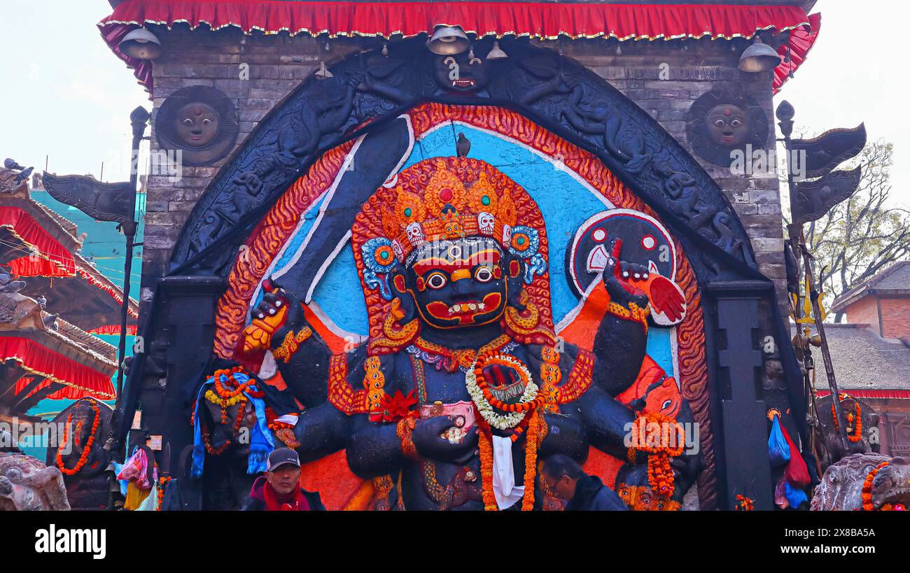 Huge Stone Image of Kal Bhairav, it was Set By King Pratap Malla, Kathmandu Durbar Square, Kathmandu, Nepal. Stock Photo