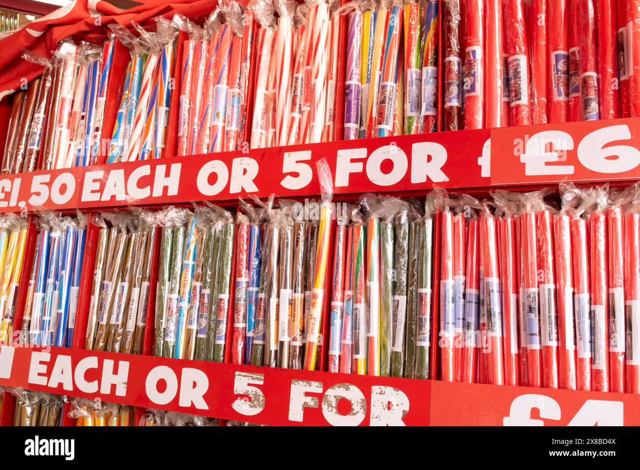 Blackpool rock shop display. Stick of rock text £1.50 each Stock Photo