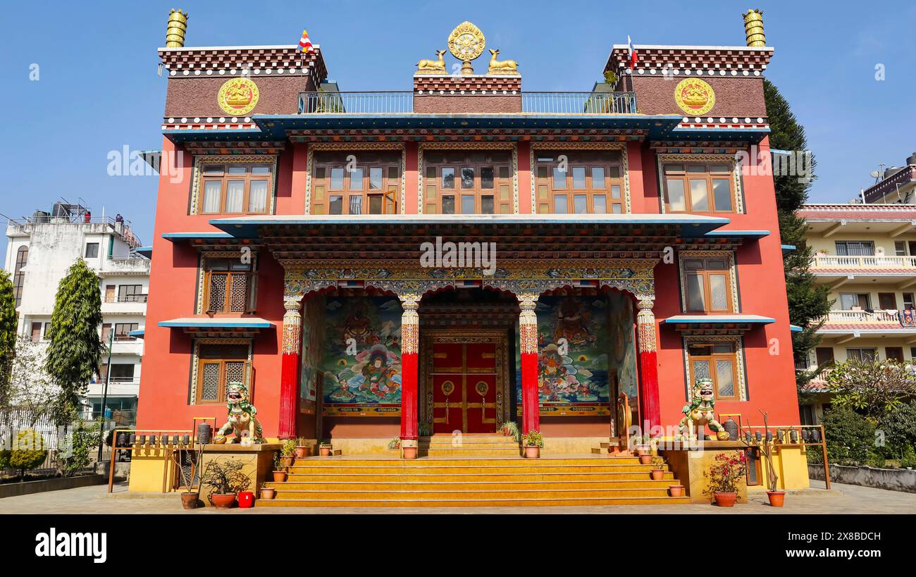 View of Tharlam Monastery near Boudhanath Stupa, Kathmandu, Nepal. Stock Photo