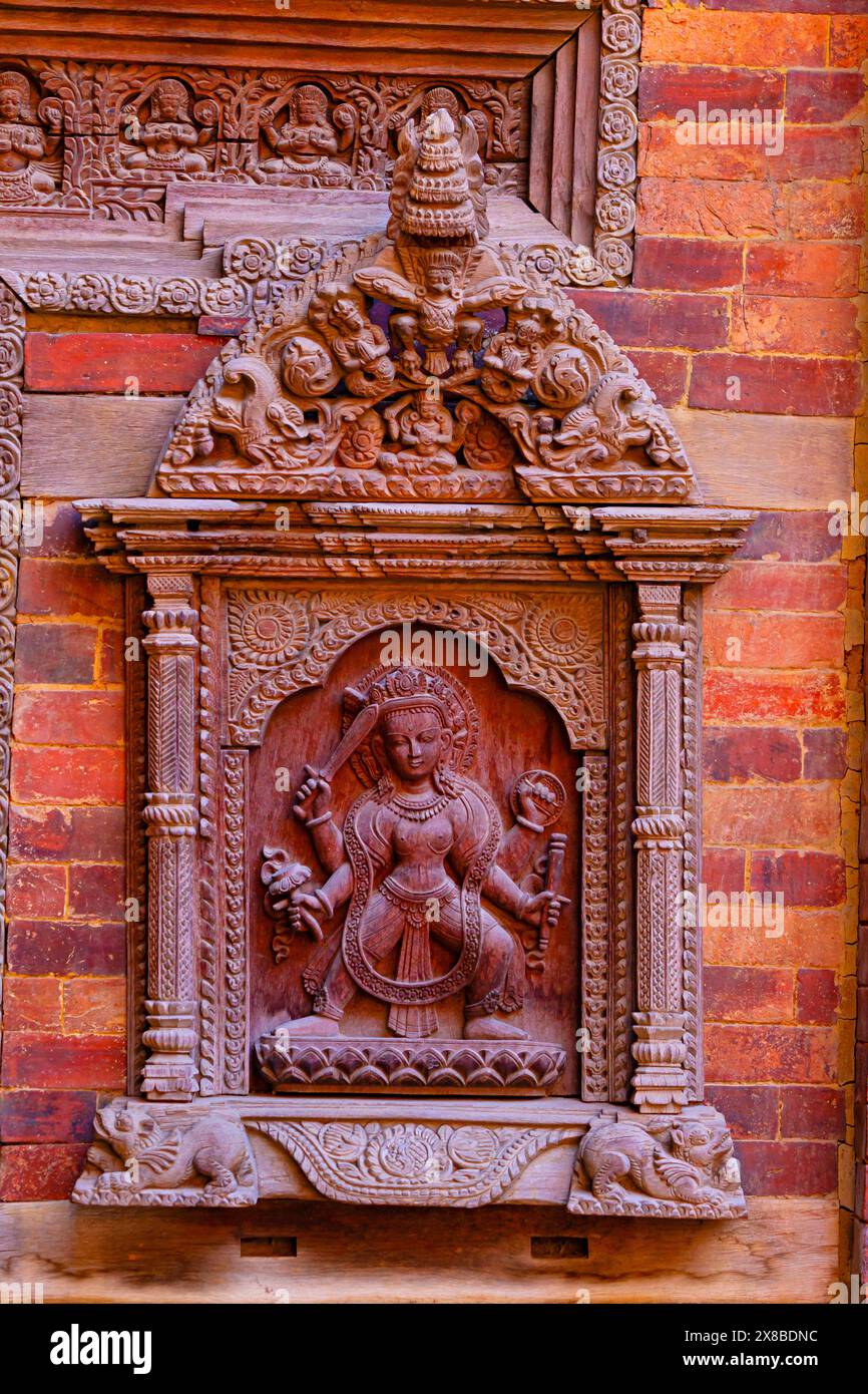 Wooden Carving of Lord Kartikeya, Sundari Chowk, Patan Darbar, Patan, Kathmandu, Nepal. Stock Photo