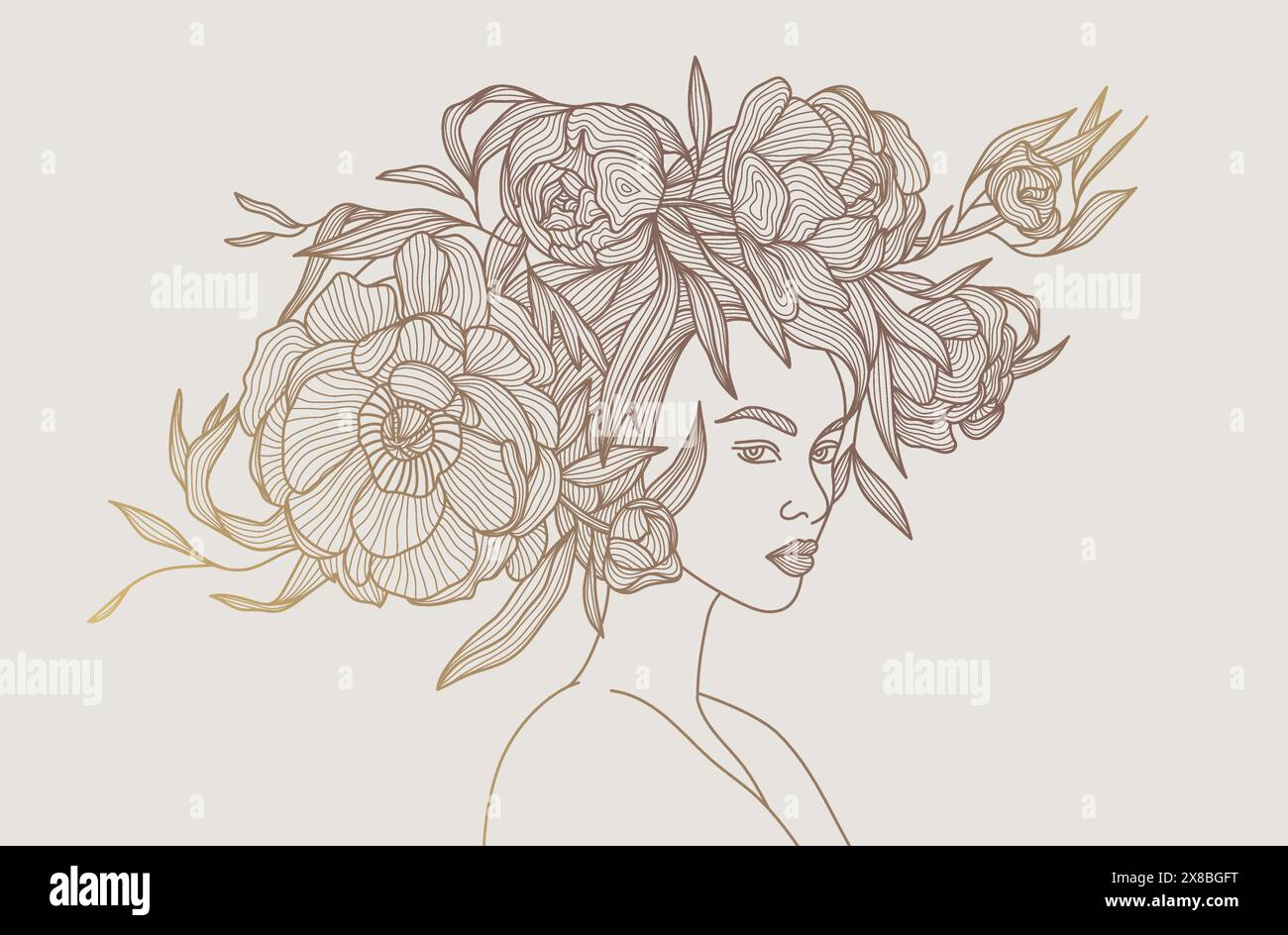 Vector woman with flowers on her head illustration. Line beauty ...