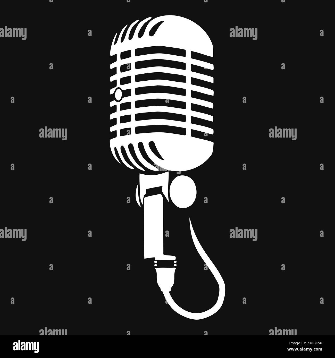 A white microphone stands against a black backdrop Stock Vector