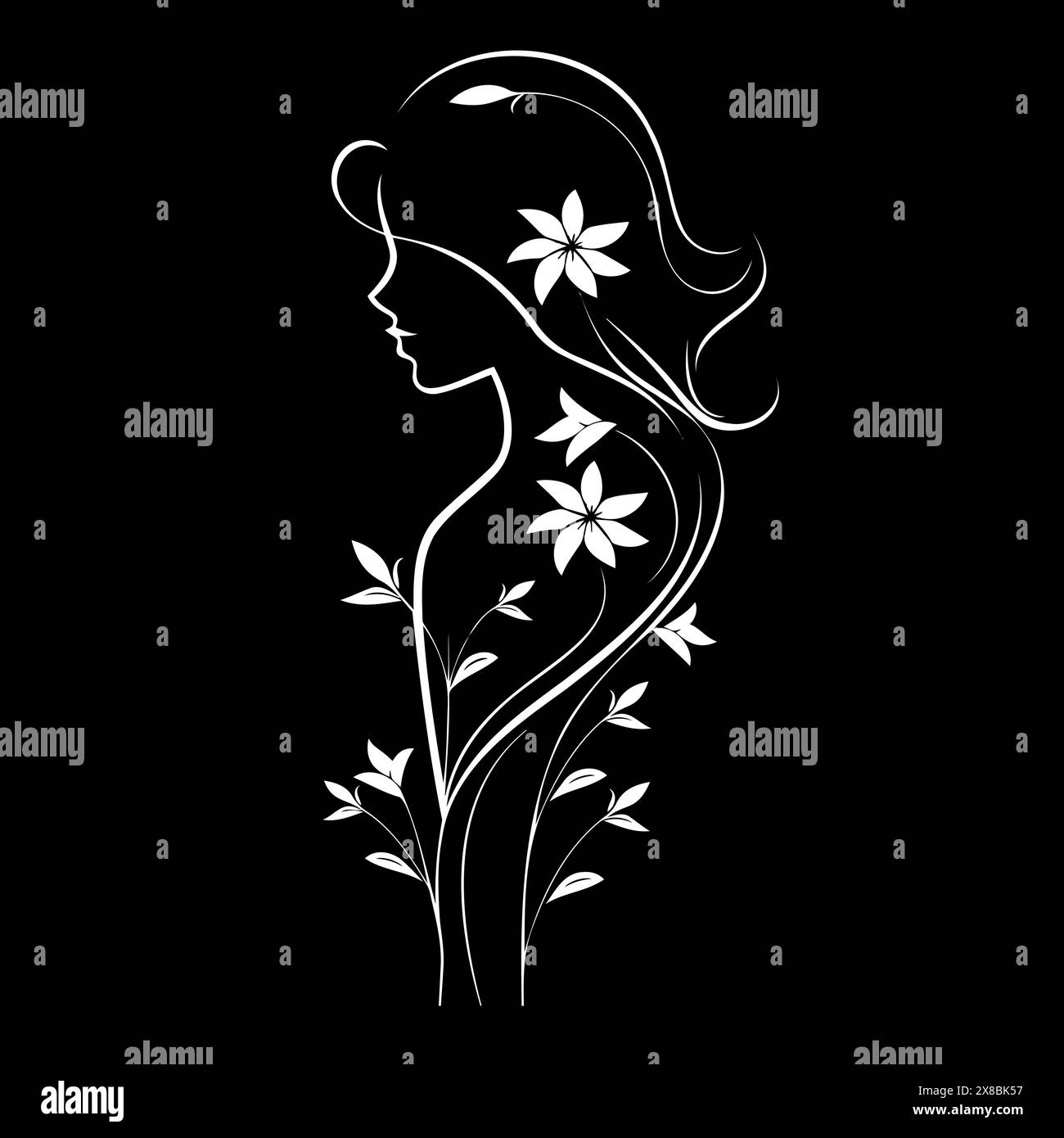 Black and white drawing of a woman with flowers from chest Stock Vector