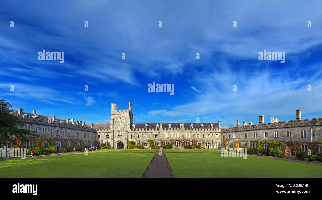 The Tudor Gothic quadrangle and early campus buildings from 1849 in University College Cork, aka UCC in Cork City, Ireland. Stock Photo