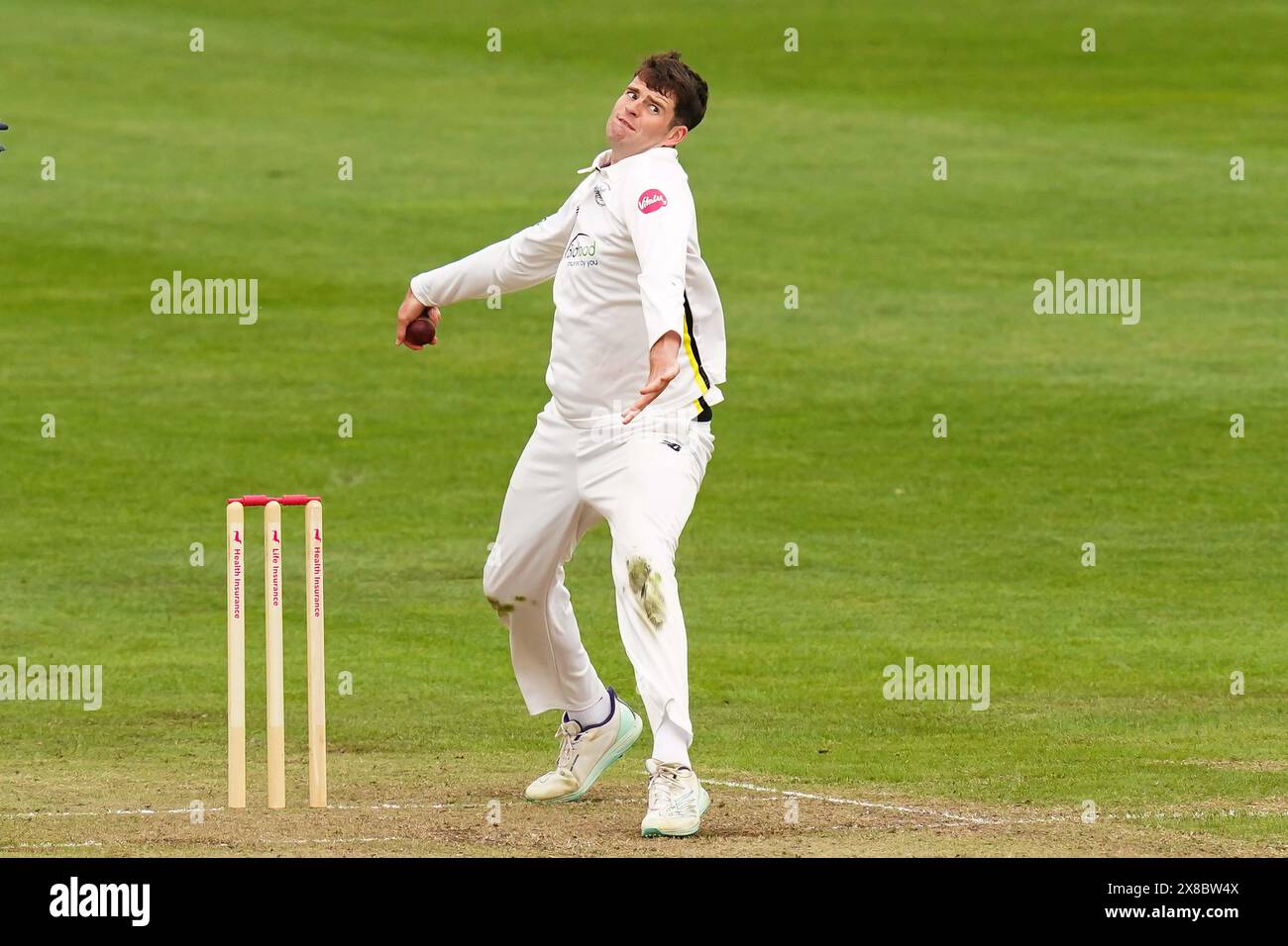 Bristol, UK, 24 May 2024. Gloucestershire's Ed Middleton bowling during the Vitality County Championship match between Gloucestershire and Derbyshire. Credit: Robbie Stephenson/Gloucestershire Cricket/Alamy Live News Stock Photo